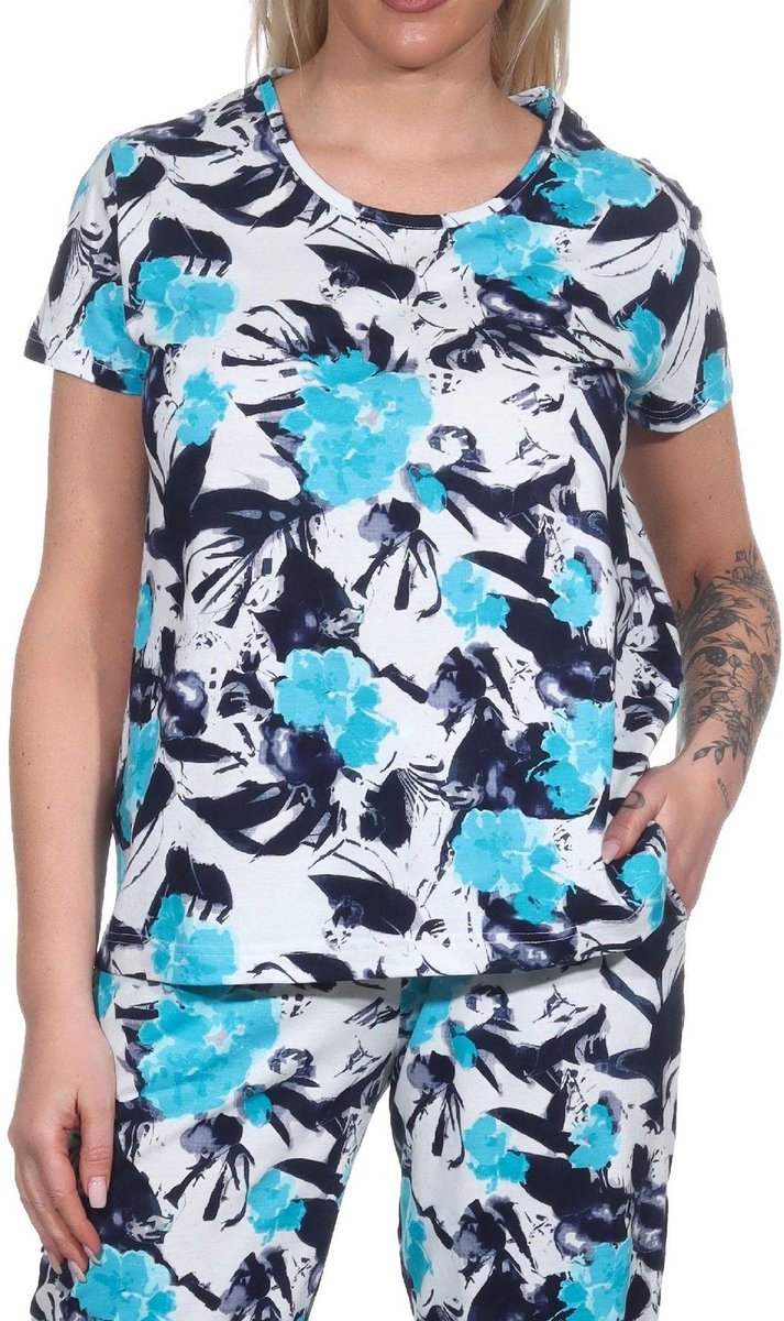 Normann Dames Pyjama Shirt korte Mouw Pyjama Top Mix & Match in Floral Optics hellblau