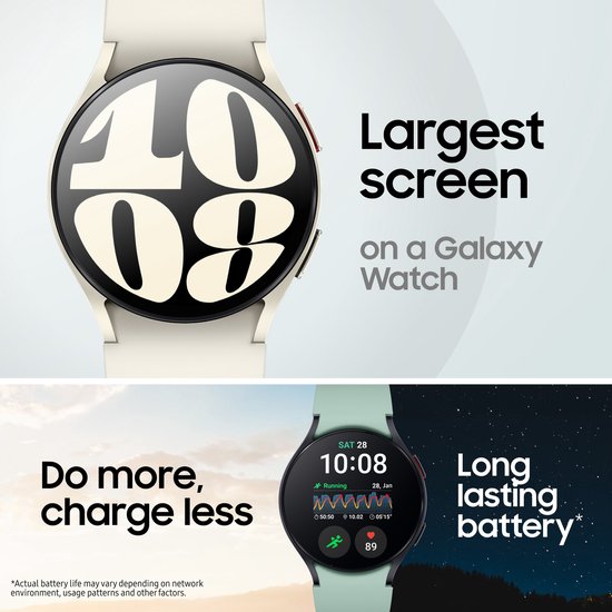 De Samsung Galaxy Watch6 met grootste scherm: een wit horloge met wijzerplaat '10:08'. Ernaast een groen horloge met sporthistorie.