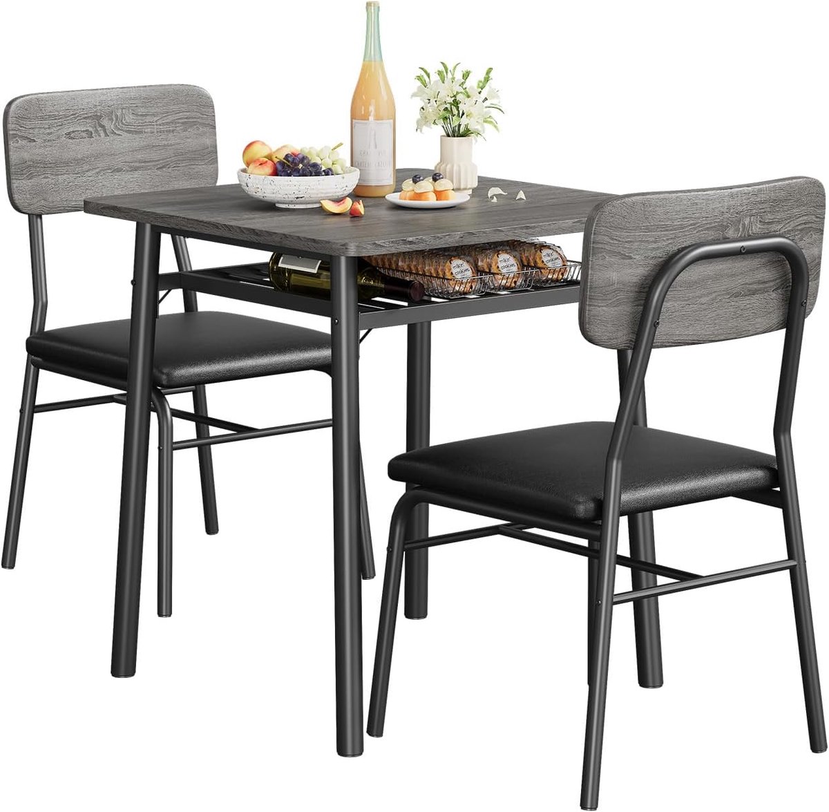 Compacte Eethoek voor 2 Personen - Eettafel met 2 Gestoffeerde Stoelen & Opbergrek - Grijs- Ruimtebesparend - Complete Keukentafel Set