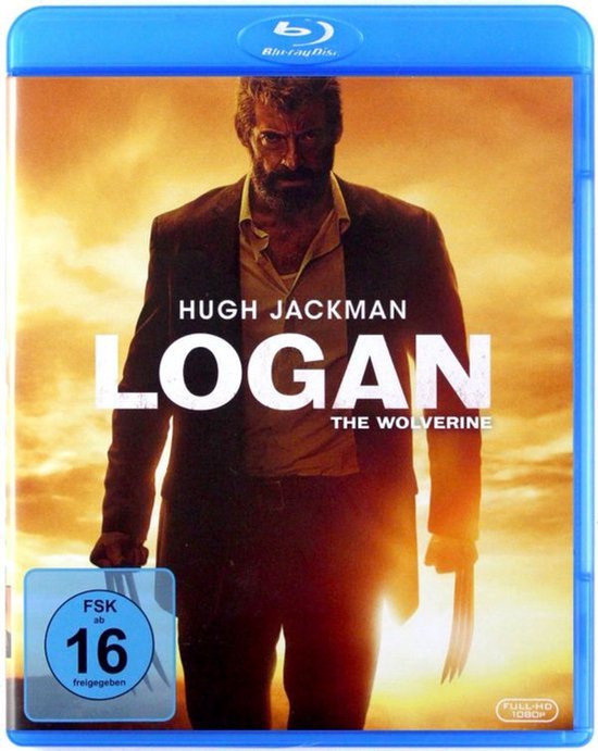 Blu-ray hoes van Logan, met Hugh Jackman in een pak, zonsondergang op de achtergrond. Bevat tekst: Logan, The Wolverine.
