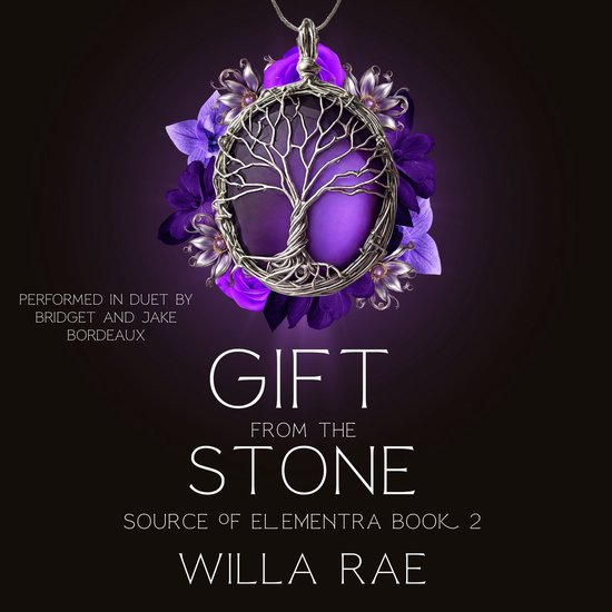 Een zilveren levensboom ketting met paarse bloemen en een paarse steen. "Gift from the Stone" Willa Rae.