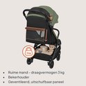 Groene en zwarte buggy met grote mand, bekerhouder en geventileerd paneel. Draagvermogen mand 3 kg.