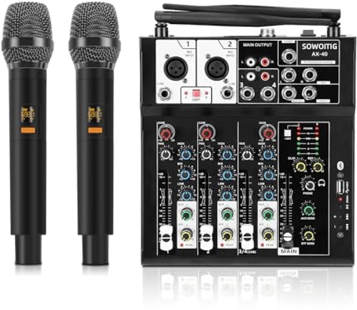 Karaoke mengpaneel met draadloze microfoons - 4-kanaals audio mixer met Bluetooth en USB