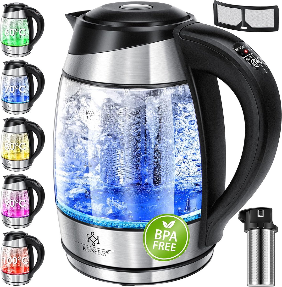 Roestvrijstalen Waterkoker - Thee Waterkoker - Temperatuur Controle - Kleurverandering Verlichting - 1.8 Liter - Zilver