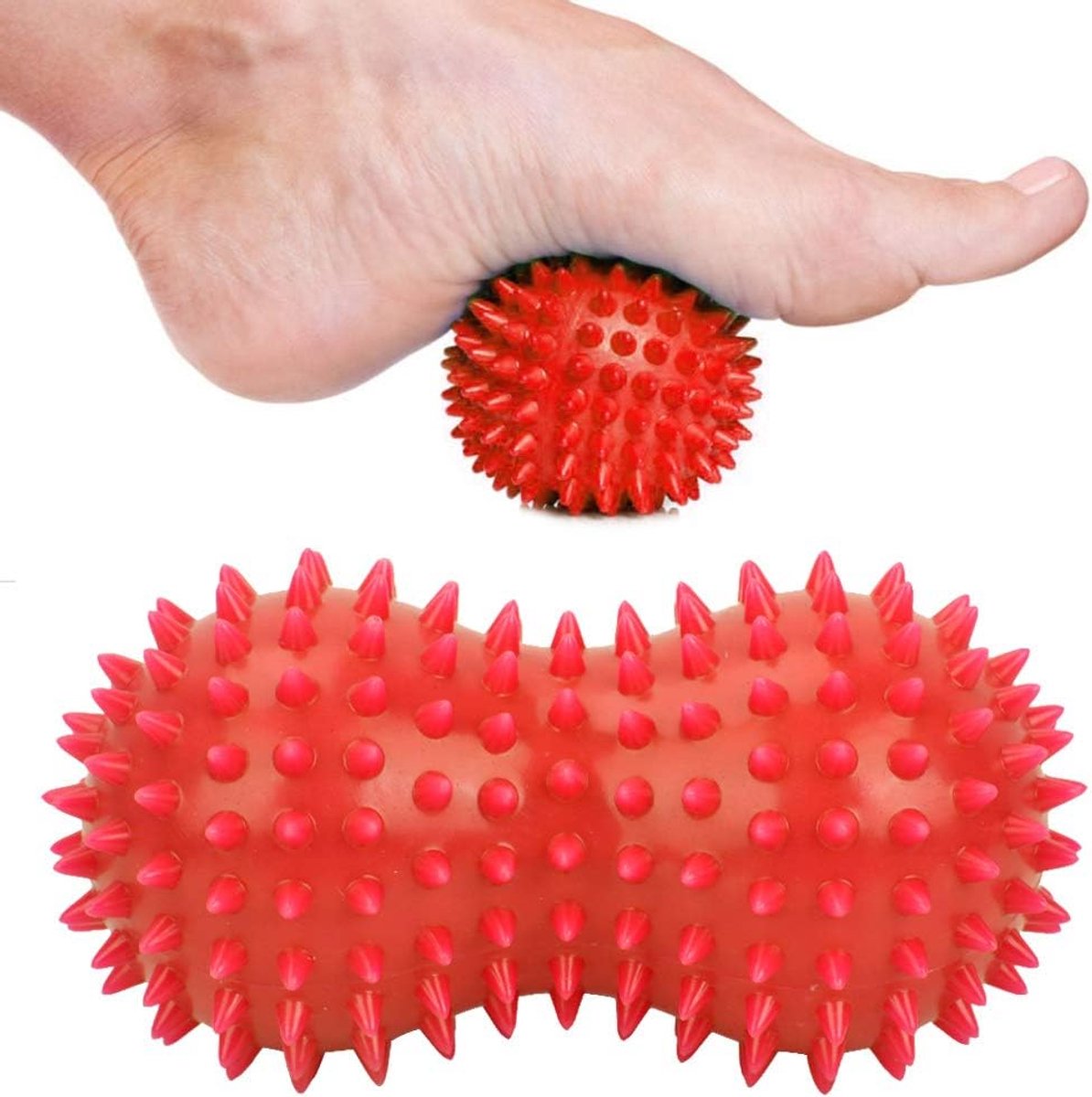 Massagebal - Spierroller - Spierherstel - Dubbele noppen - 15 x 8 x 8 cm - Rood