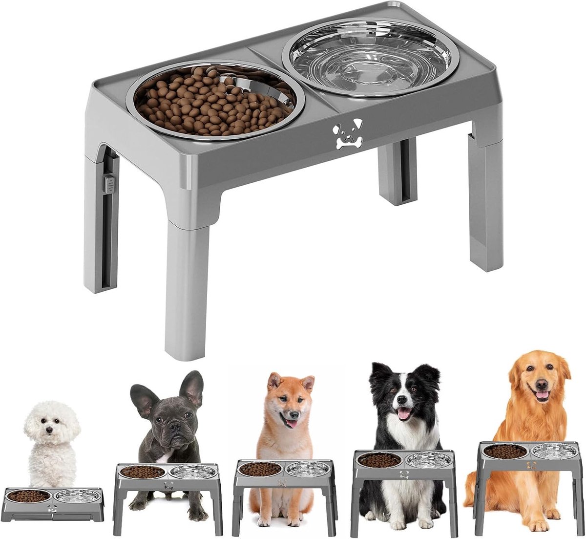 Verhoogde Hondenbakken - Voerstation Huisdier - Comfortabel Eten - 5 Hoogtes Verstelbaar - 44 x 25 x 9 cm - Grijs