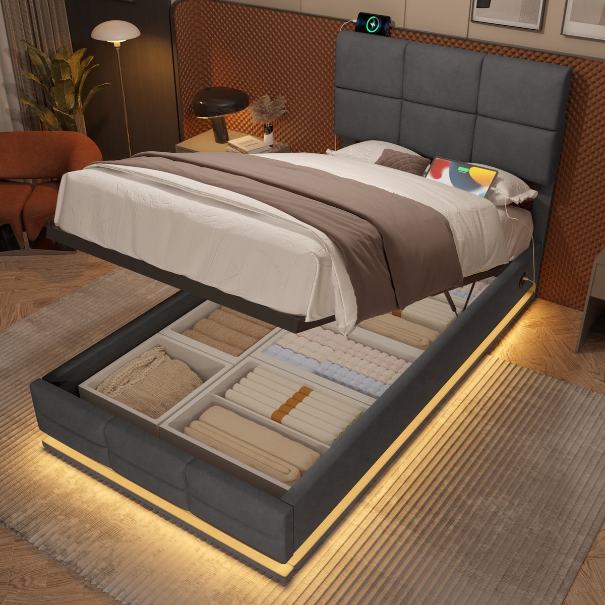REDOM Gestoffeerd Bedframe – Verstelbaar hoofdbord & LED-verlichting – Hydraulische opbergruimte – Fluweel – Donkergrijs – 90 x 200 cm