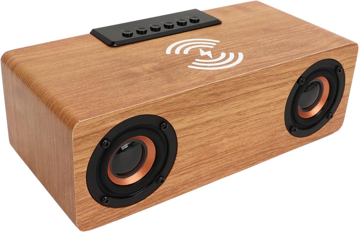 Houten Klok Radio - Nachtkastje Speaker - Wakker Worden - Draadloos Laden - 5.1x4.3cm - Houtkleur