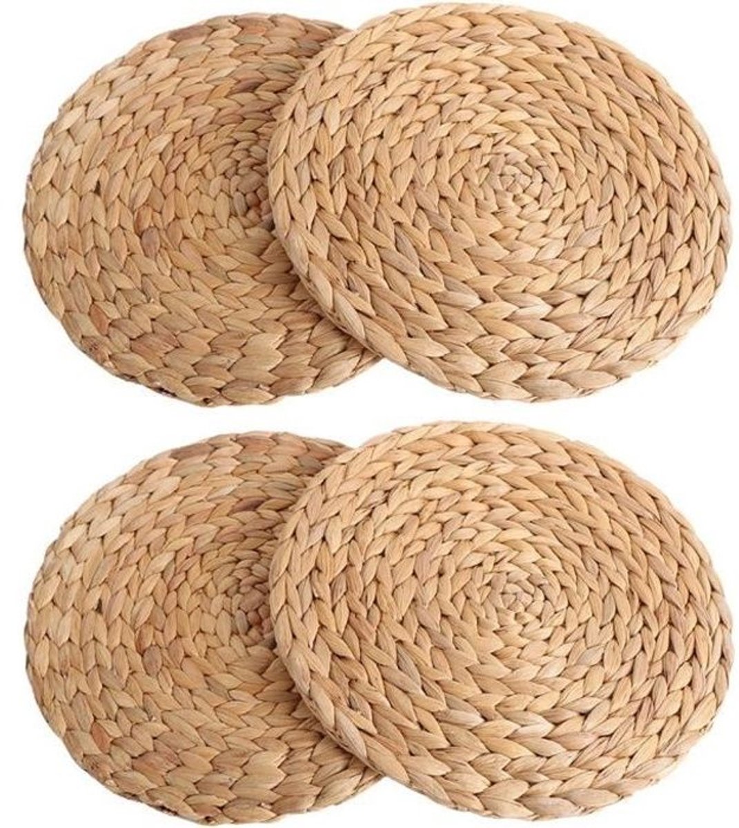 Placemats - Set van 4 - Natuurlijk geweven stof - Patroon met waterhyacint - Rond, 30 cm