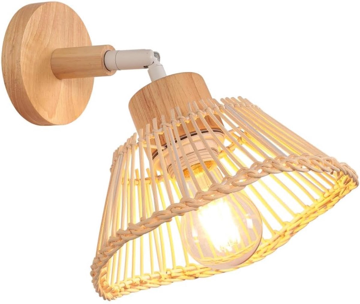Bamboe Wandlamp - Houten Verlichting - Sfeervol Interieur - Handgeweven Kap - 20x10cm - Natuurlijk