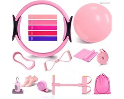 Gloovon® 16-Delige Pilates Set - Inclusief Pilates Ring, Bal & Weerstandsbanden - Fitness Accessoires voor Thuis Workout - Pedaaltrainer - Roze