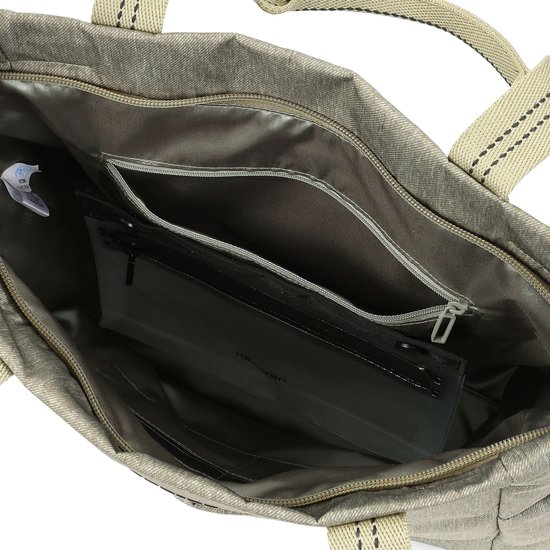 Binnenkant van de grijze shopper, met een transparante ritsvak en een vak voor laptop.