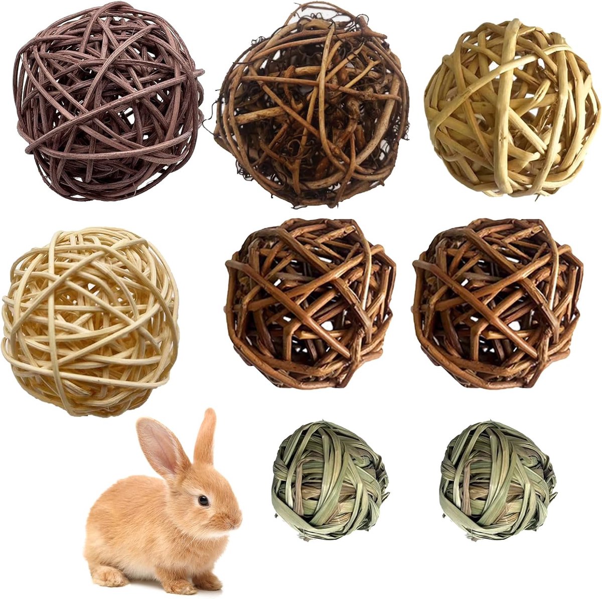 Konijnenspeelgoed Set - Knaagdier Speelgoed - Tanden Slijpen - Handgemaakt Natuurlijk Materiaal - 4.5-7 cm - Natuurlijk Kleuren
