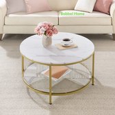 Salontafel - Rond Salontafel - banktafel - woonkamertafel met glasplaat - veel opbergruimte - Woonkamertafel met glazen blad - moderne stijl - Marmer Wit-Metallic Goud