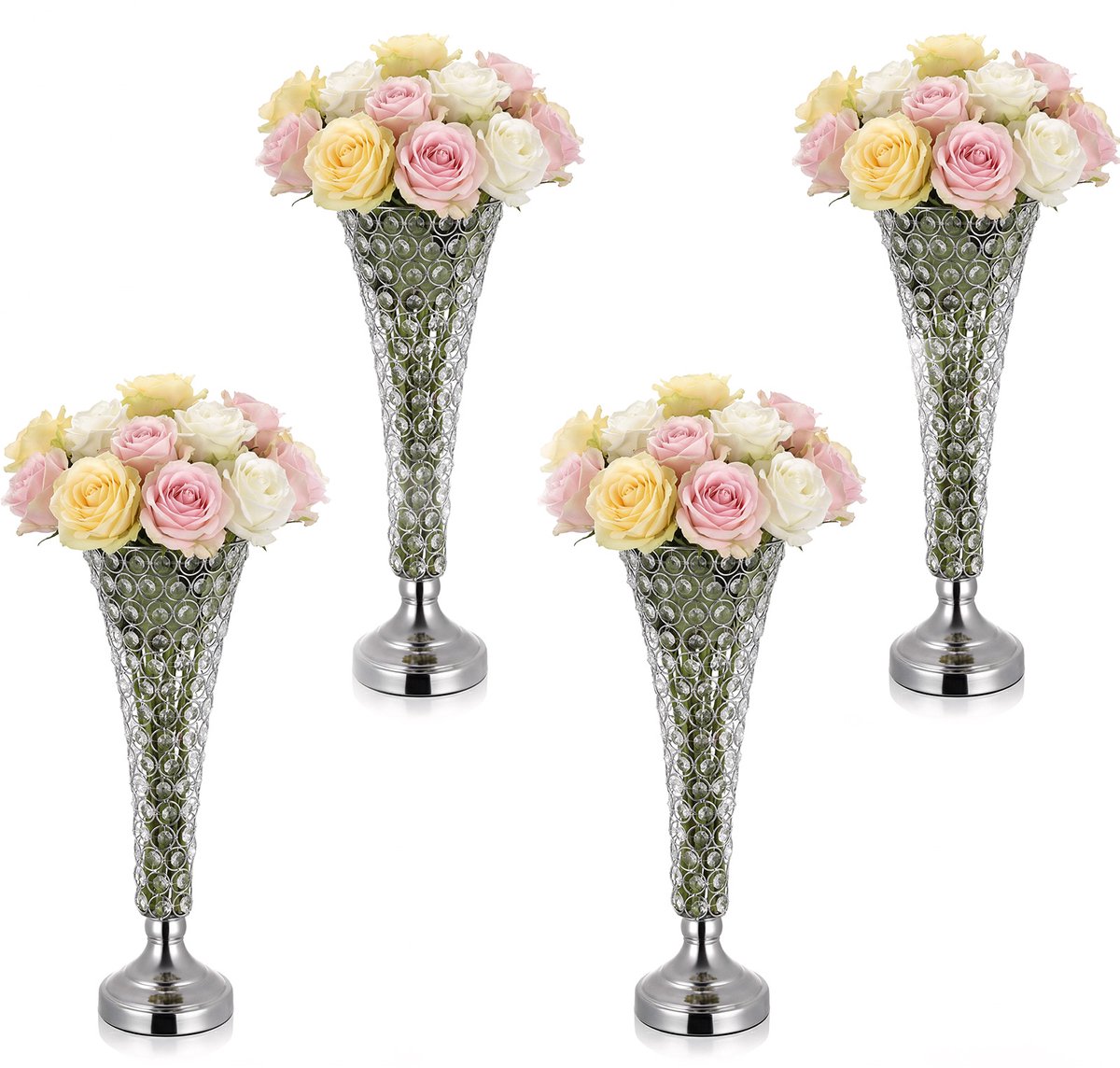 Vevor 4 Stuks Trouwvazen, Bloemvazen ​​voor Bruiloften, 51 Cm Hoog, Metalen Bloemvazen ​​Met Kristallen Bloemstandaards, Trompetvaas voor Bruiloften, Feesten, Jubilea en Ceremonies, Zilverkleurig