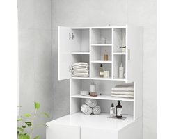 Wasmachinekast Bovenkast - Badkamer Opberger - Ruimte Besparen - 9 Vakken 2 Deuren - 70x25x90 cm - Wit