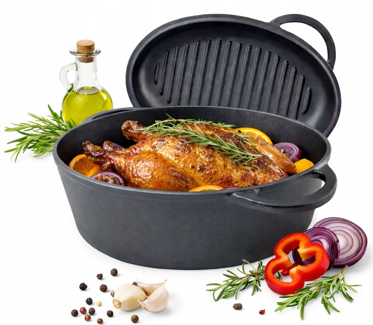 Gietijzeren Braadslede 34 cm met Grilldeksel – 2-in-1 Braadpan / Grillpan – Dutch Oven – Inductie, Gas en Oven – Zwart