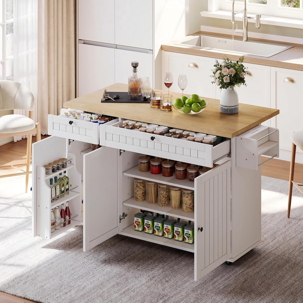 Keuken Eiland - Keukenwagen - Extra Werkruimte - Inklapbaar Blad Wielen - 137x89x45 cm - Wit