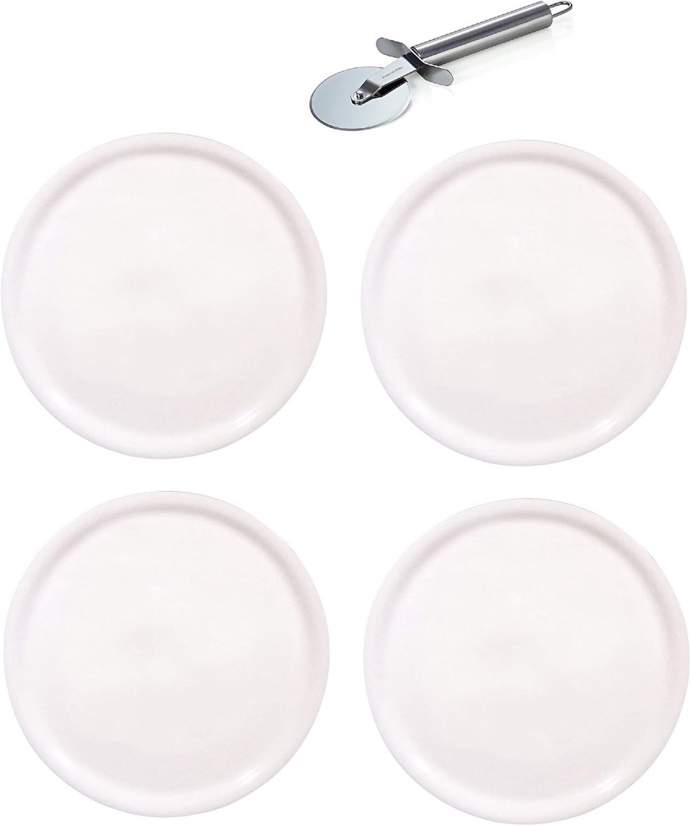 Set van 4 Witte Porseleinen Pizzaborden Ø28cm met Gratis Pizza Snijder