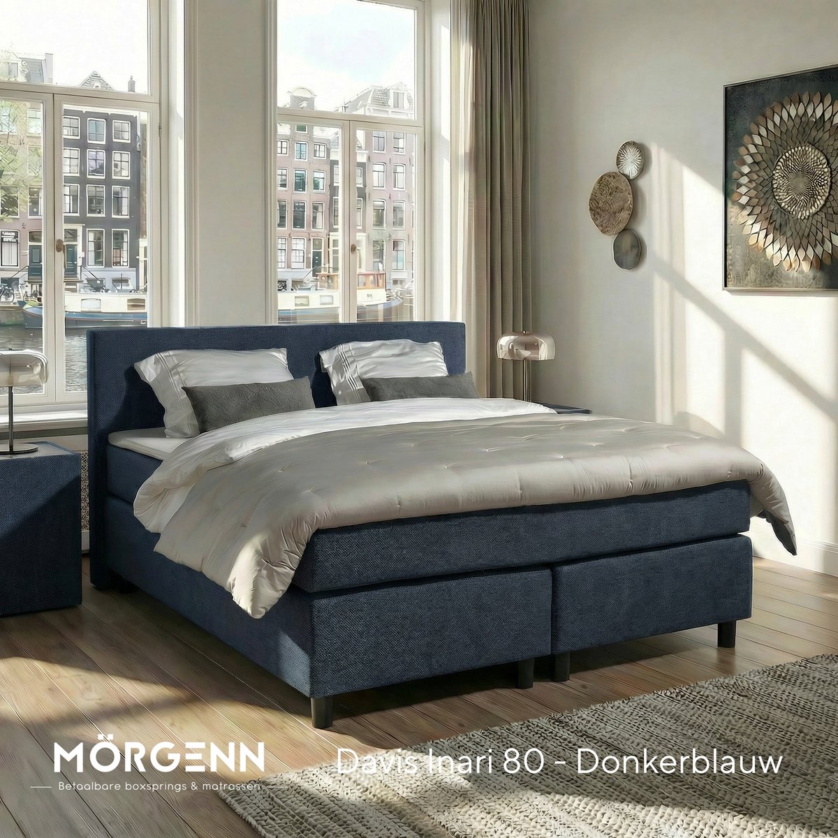 Mörgenn Boxspring Amsterdam - Pocketvering - Donkerblauw - 120x210 cm - Inclusief Dekbed en Kussens