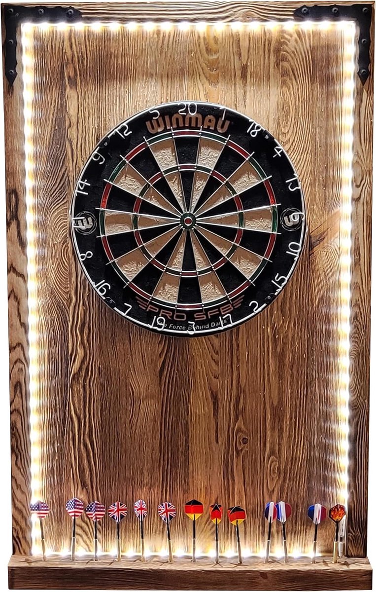 Dartbord met Omlijsting van Massief Hout en LED Verlichting - Wandbescherming