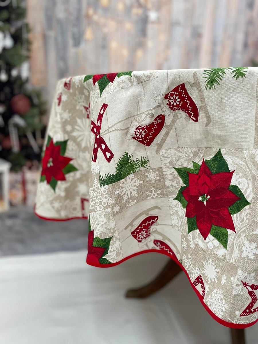 Rond Kerst Tafelkleed 180 cm - Modern Shabby Chic Design - Katoenmix