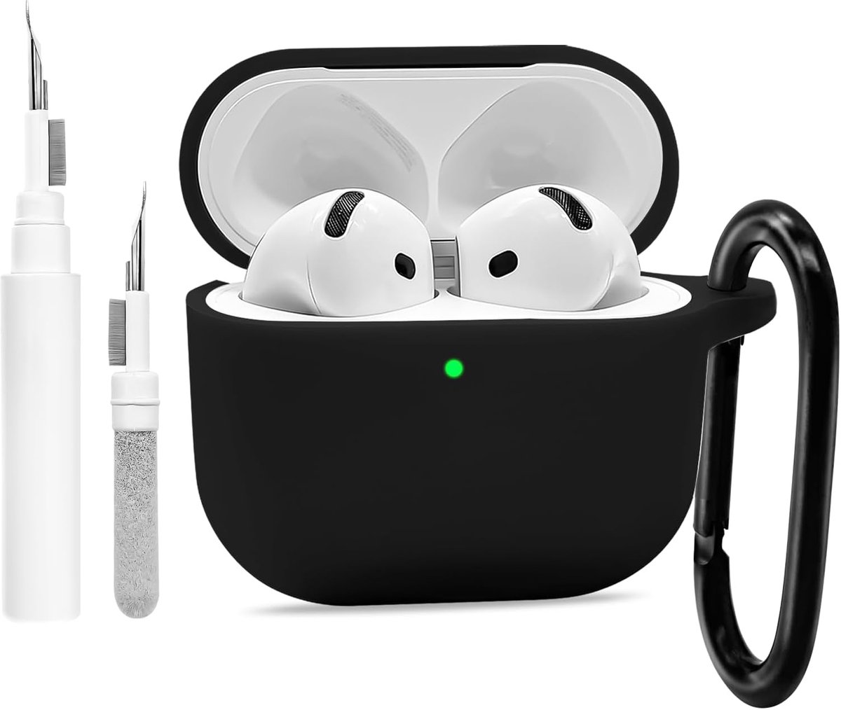 Schokbestendige Siliconen Hoes voor AirPods 4e Generatie met Karabijnhaak en Reinigingsset