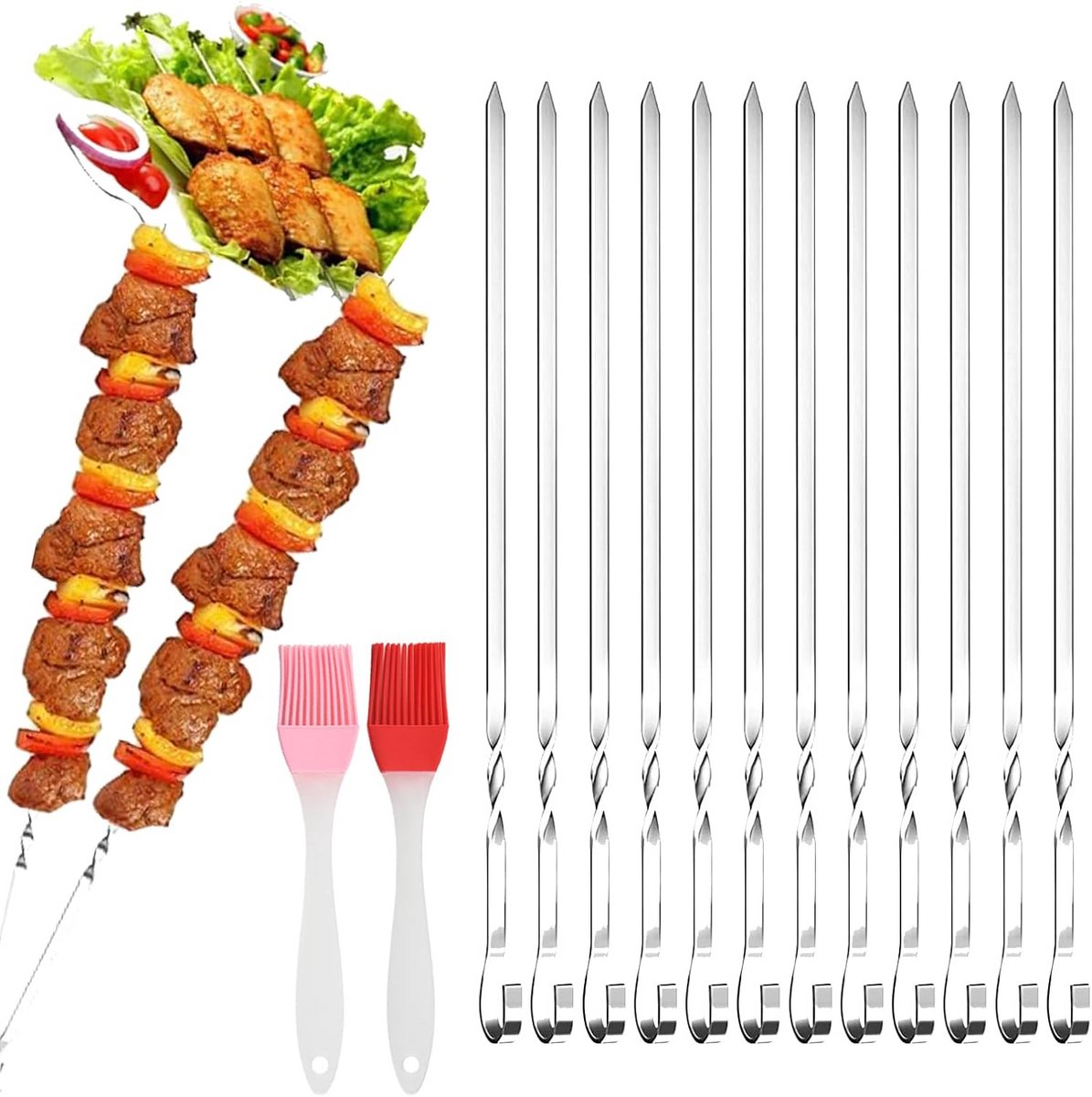 20x RVS Spiesjes Set - 30 cm BBQ Spiesen voor Shish Kebab en Kamado - Inclusief 2 Borstels