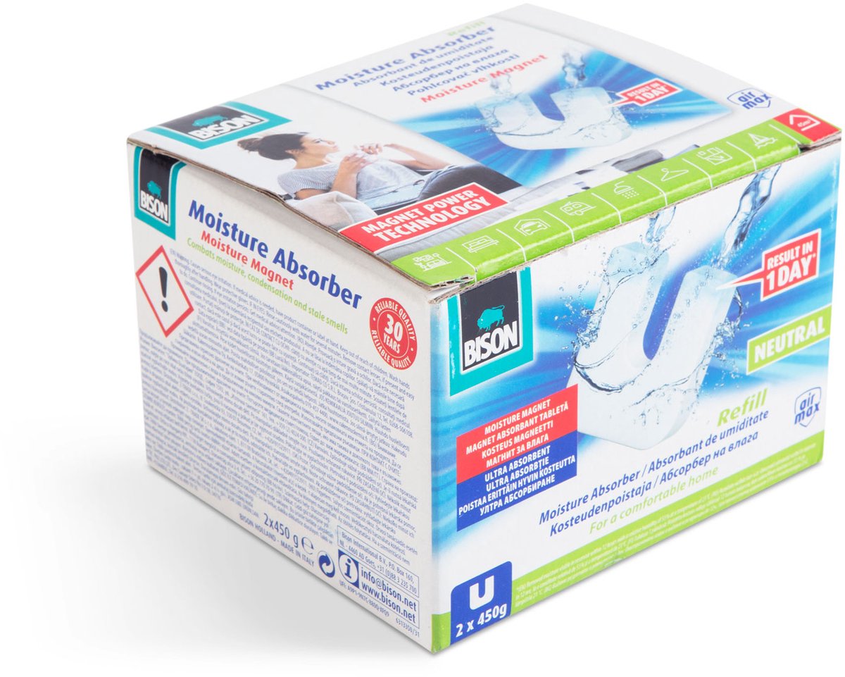 Bison AirMax Navulling Ontvochtiger - Magnetische Tabletvorm - 2x450g - Reukloos - Anti-Schimmel - Voor 45 m³ - Langdurige Werking - 105x90x37mm [B13350]