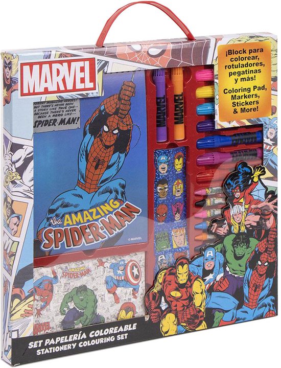 Kleurset – MARVEL – Tekenset – Schrijfwarenset – Schoolset – Tekenen En Kleuren – Marvel Spiderman Hulk Thor – Kleurboek, Stiften, Waxkrijtjes, Stempel en Stickers – 30x30cm