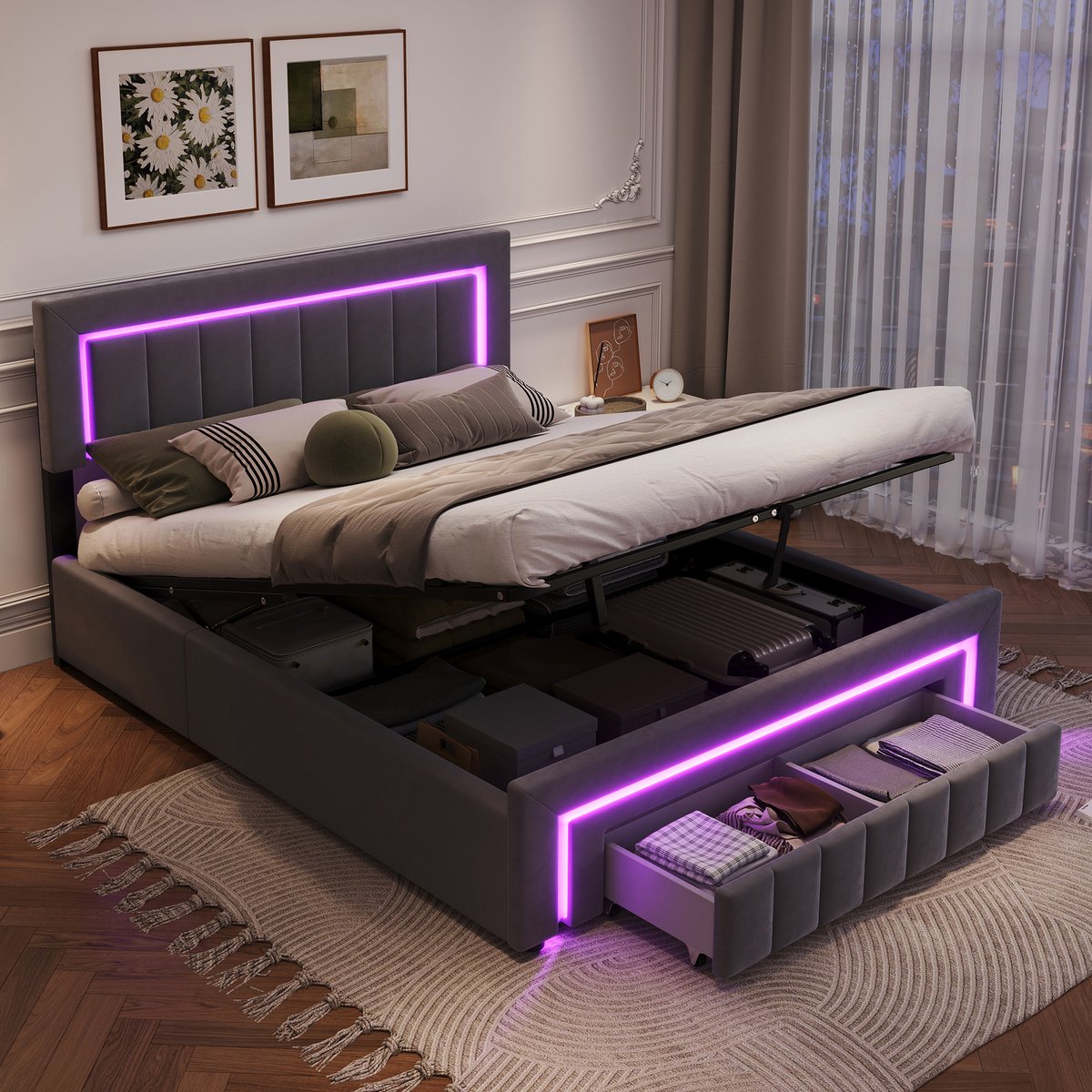 OKWISH Opbergbed 140x190 Cm -Met Laden En Opbergruimte - LED Verlichting - Fluweel Bekleed - Donkergrijs