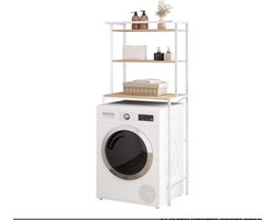 Wasmachinerek, wc-rek voor boven wasmachine, toilet, wasmachinekast, bovenbouwkast, toiletkast, 3 planken, handdoekhouder, metaal hout, 67 x 162 x 40 cm, wit