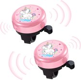 Twee roze fietsbellen met eenhoornafbeelding en hartjes.