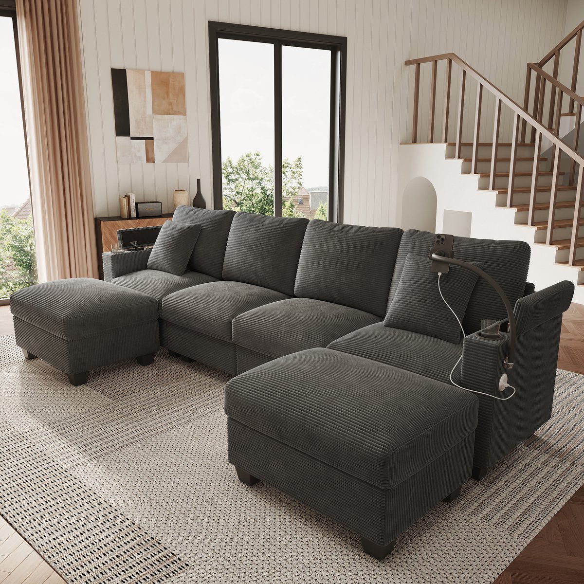 U-Bank, 4-Zits Bank, U-vormige Woonruimte met Slaapfunctie, Modulaire Koordbank, Hoekbank met Mobiele Telefoonhouder en USB-oplaadpoort, Geschikt voor Woonkamer, Slaapkamer en Appartement, Grijs