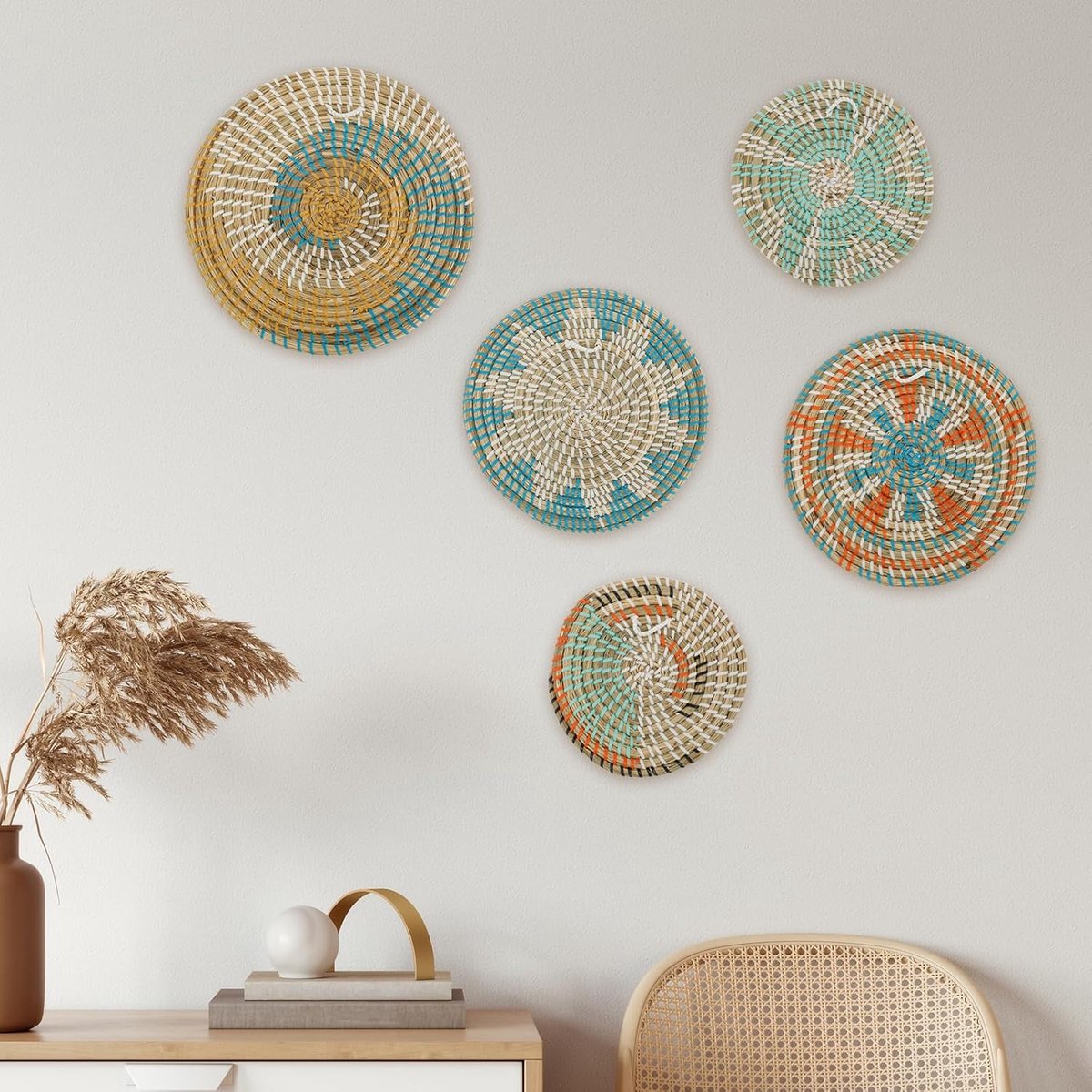 Set van 5 handgeweven wandmanden Decoratie Natuurlijk Materiaal in 3 Maten
