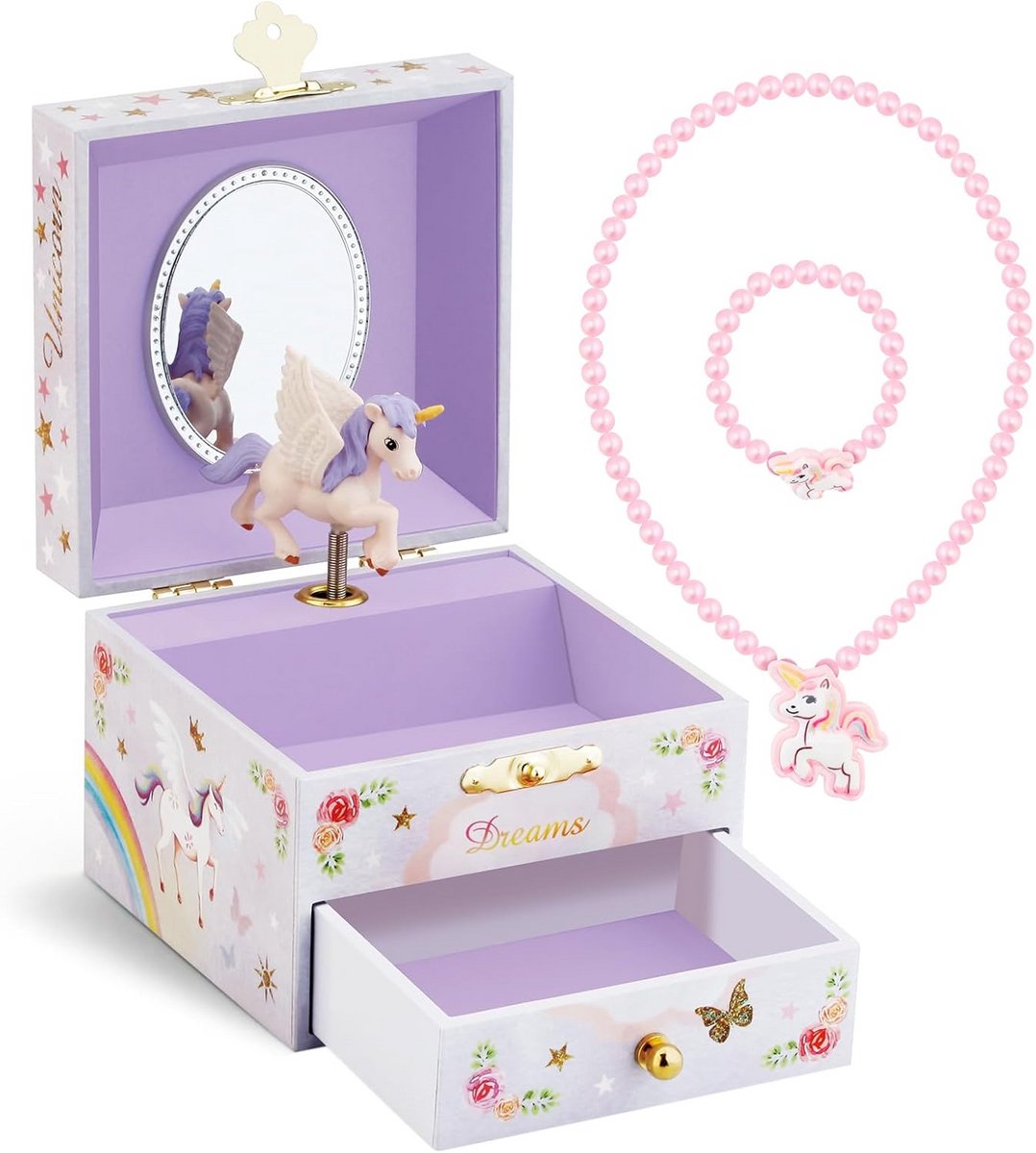 Muziekdoos Kind Meisjes met Sieradenset en Lade - Rond Design Eenhoorn Thema