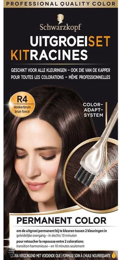 Schwarzkopf uitgroei set R4 donkerbruin haarverf met applicator en verzorgende olie.