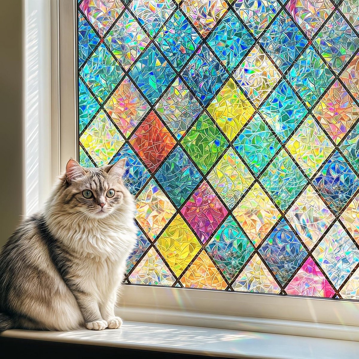 Decoratieve Raamfolie met Regenboogeffect en Ruitpatroon voor Privacy