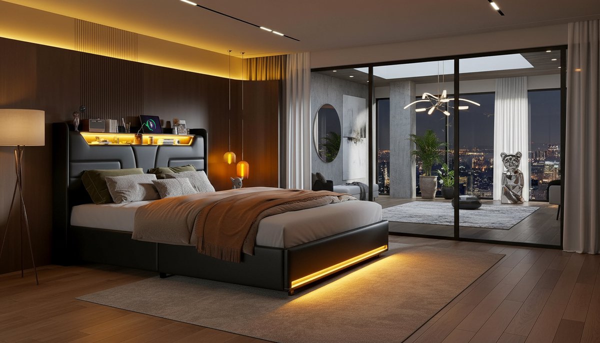 Opbergbed Tweepersoons 140x200 cm – Casa Velluto Nero Luxe PU Bedframe met LED-verlichting, USB-poort en Hydraulische Opbergruimte – Modern Zwart Gestoffeerd Bed met Lattenbodem