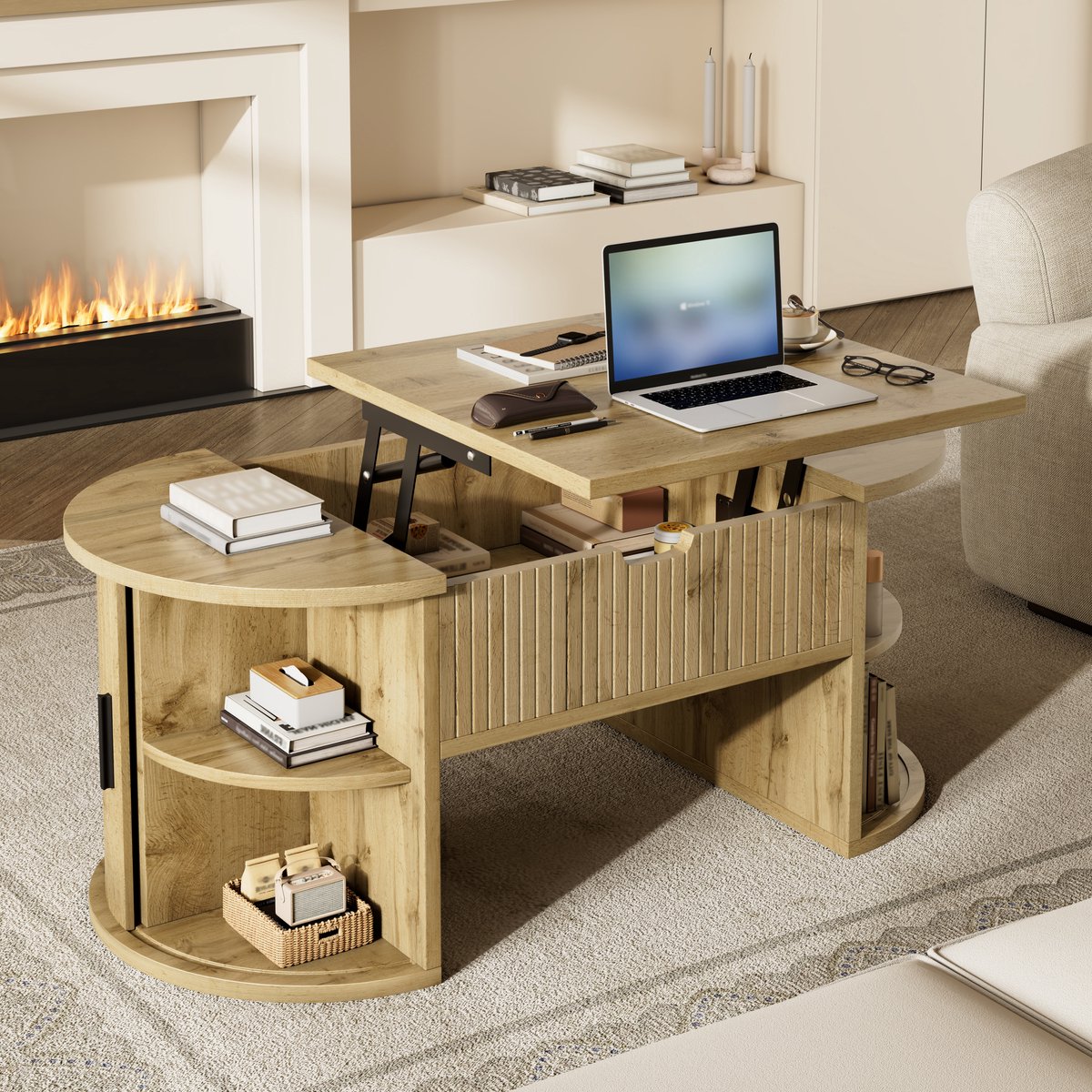 HAUSS SPOLE Salontafel - In Hoogte Verstelbaar Met Schuifdeuren En Open Vakken - Voor Woonkamer En Thuiswerkplek - MDF Eikenkleur - 100x50x40,5 Cm