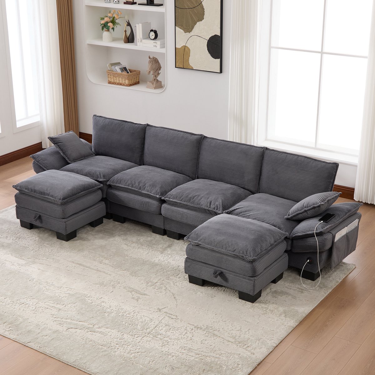 OKWISH Hoekbank 330 X 132 X 84 Cm - Modulaire 4-Zits Met 2 Opberghockers, Usb C & Zijvakke