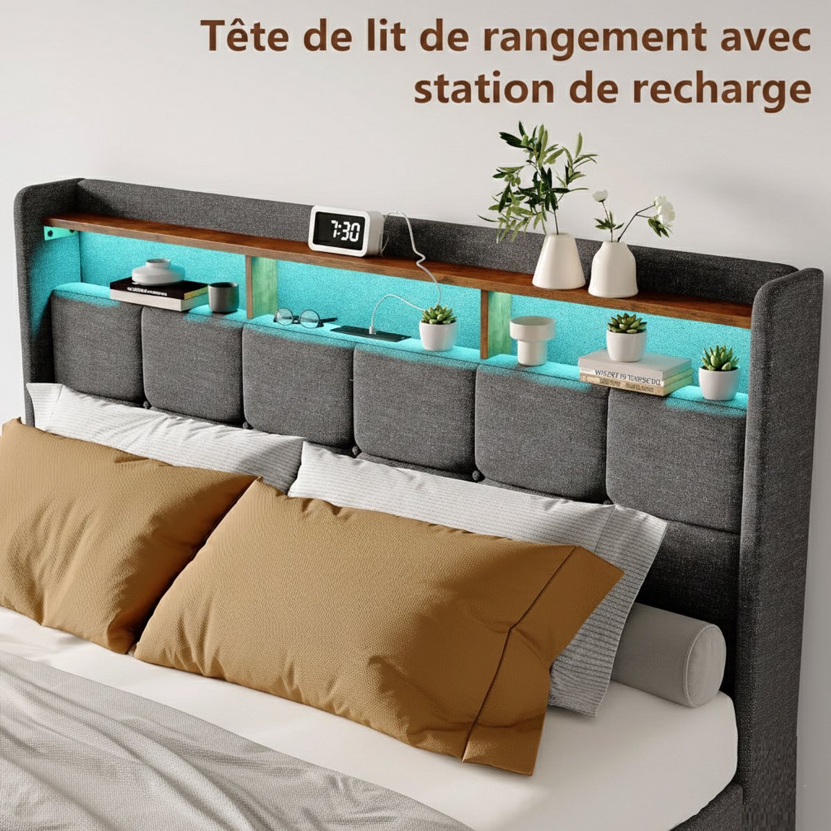 Gestoffeerd Bed 140x200 cm met Opbergruimte – Casa Velluto Milano Luxe LED Tweepersoonsbed met 4 Laden, Hoofdeinde met Opbergvakken & USB/Type-C Oplaadfunctie – Inclusief Lattenbodem – Grijs Linnen