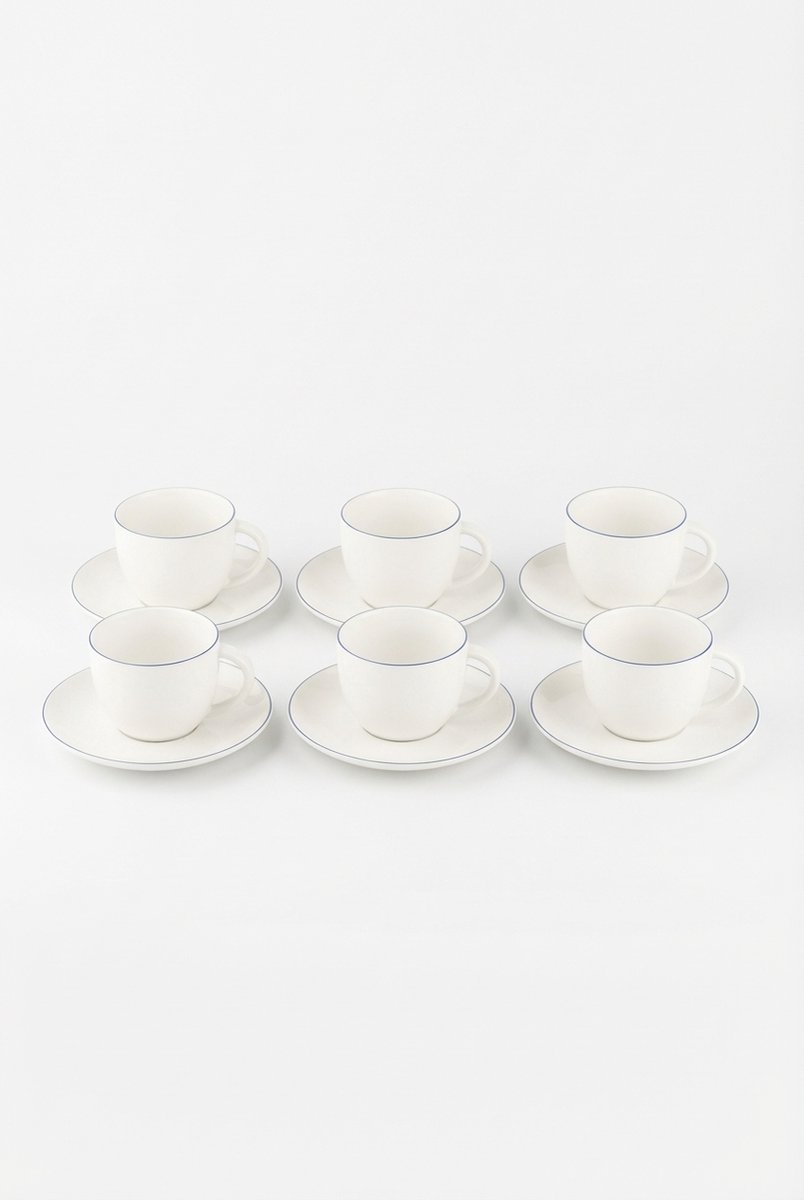 vtwonen - Kop en Schotels - Wit/Blauw Lijn - Set van 6 - 250ml