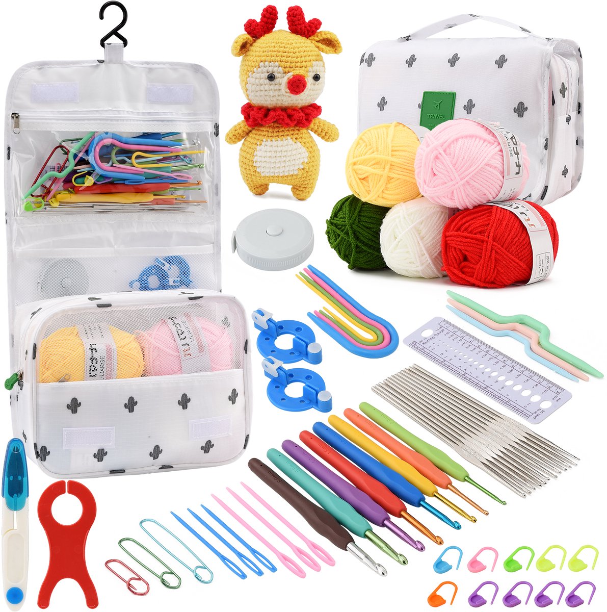 59 Delige Haaknaaldenset voor Beginners – Met 6 Wollen Bolletjes, Ergonomische Haaknaalden 2,0-6,0 mm, Wit Opbergtas & Complete Accessoires voor DIY