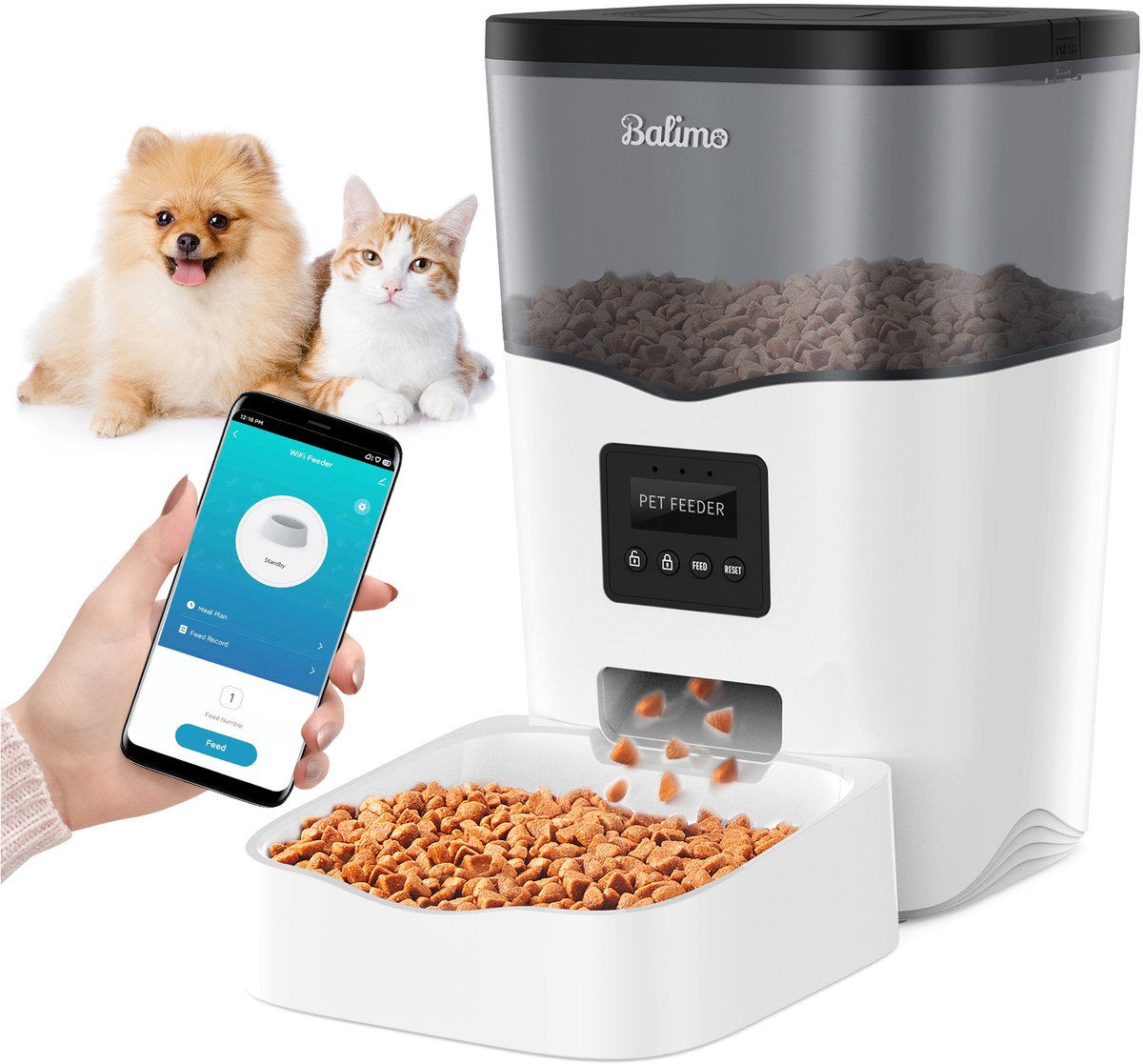 Balimo Automatische Voerbak - 3L - 2.4G WiFi - Automatische Voerdispenser - Voor Kat en Hond - Met timer en Afstandsbediening - Droogvoer - Maximaal 10 maaltijden per dag - Wit