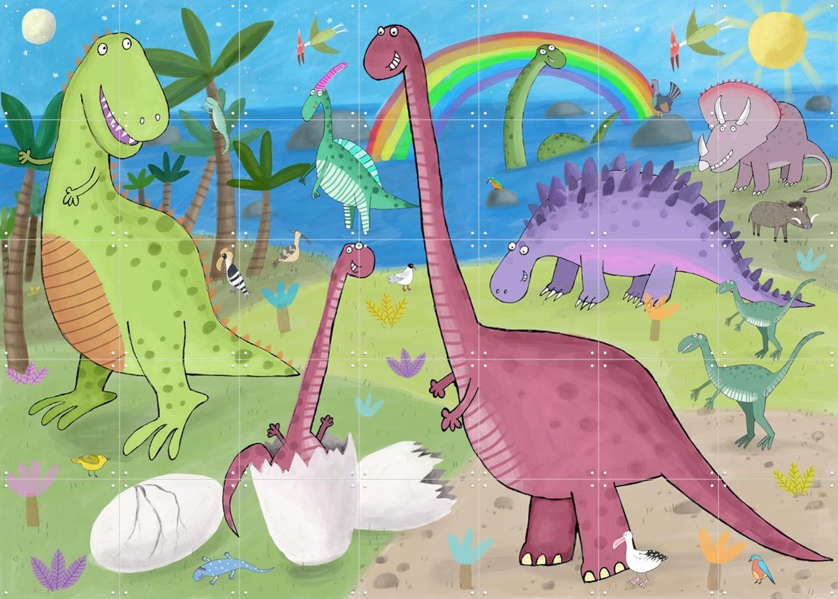 IXXI Cute Dinosaur in the Jurassic Park, Carla Daly - 140 x 100 cm - Gratis ophangtool - Grote wanddecoratie en posters - Illustraties, Speels