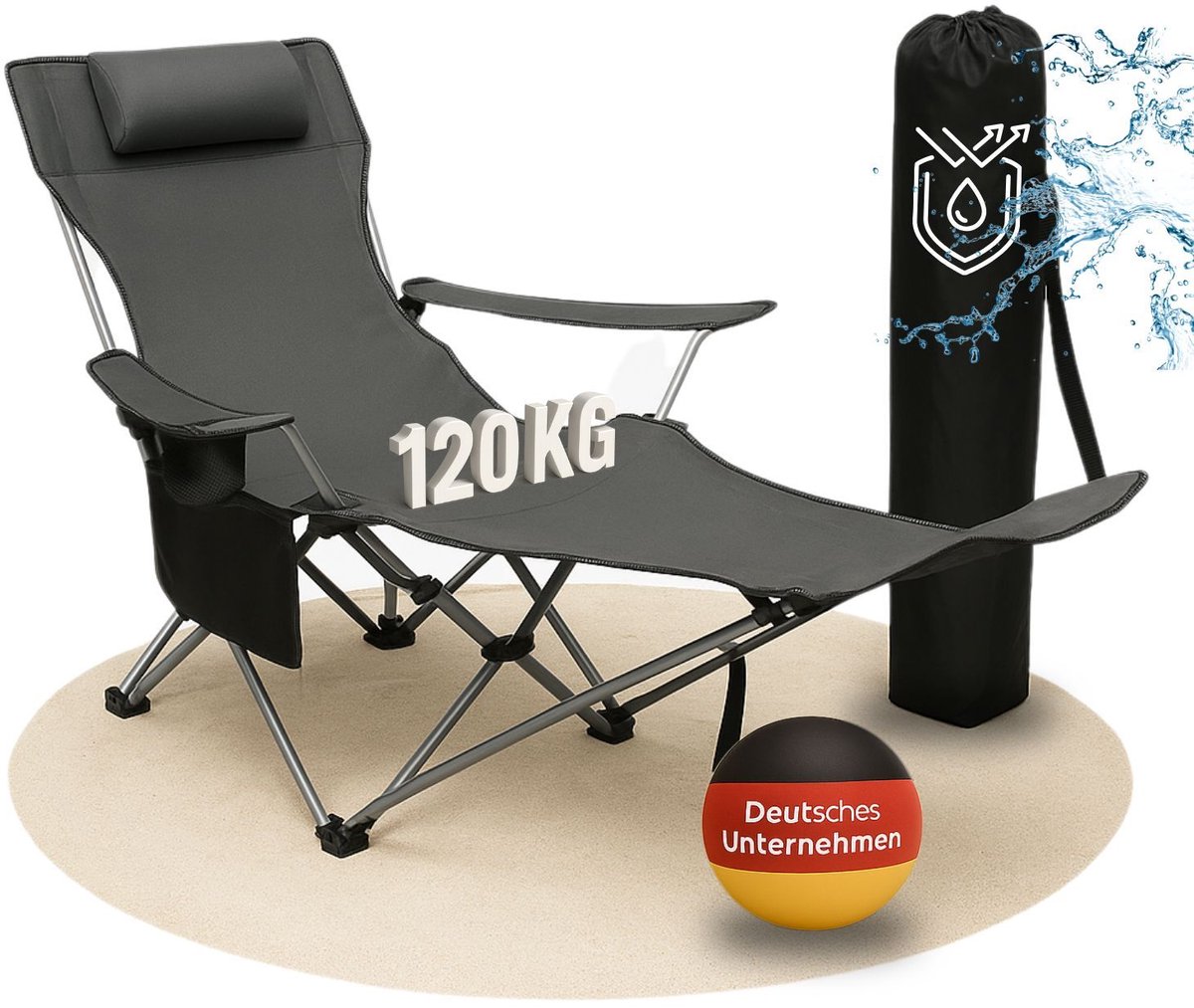 Coemo ligstoel draagbare campingstoel, inklapbaar, bekerhouder, tas, max 120 kg - Grijs