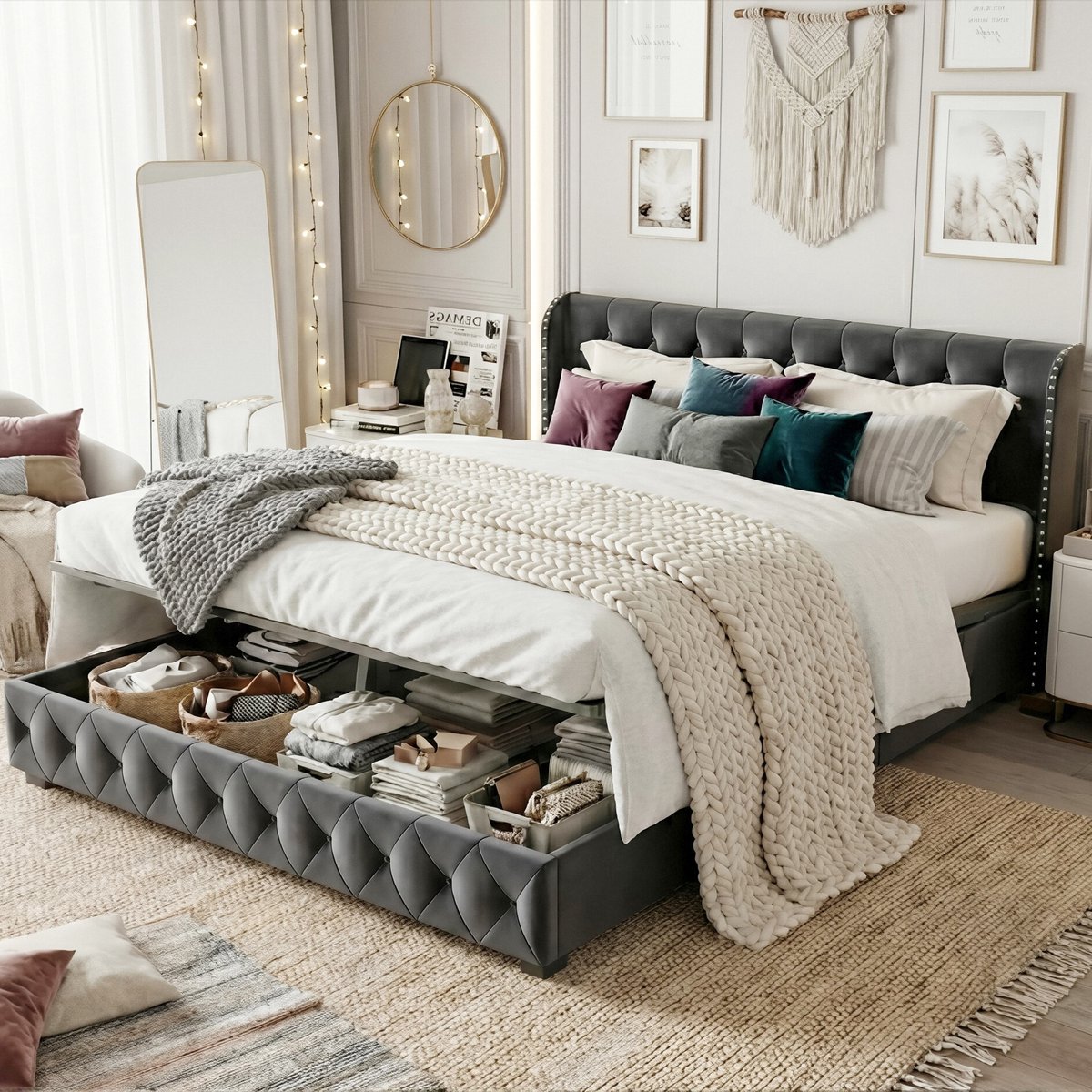 ADFBL Bed met Opbergruimte 160x200 Donkergrijs - Fluweel Ottomaan Bedframe Wingback met Siernagels & Hydraulische Pomp