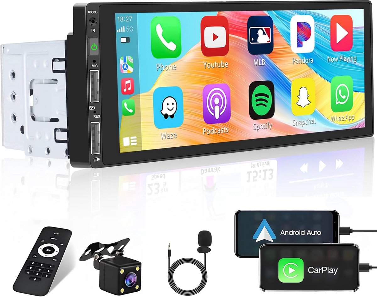 1 Din Autoradio met 6,86 Inch Touchscreen, Carplay en Bluetooth