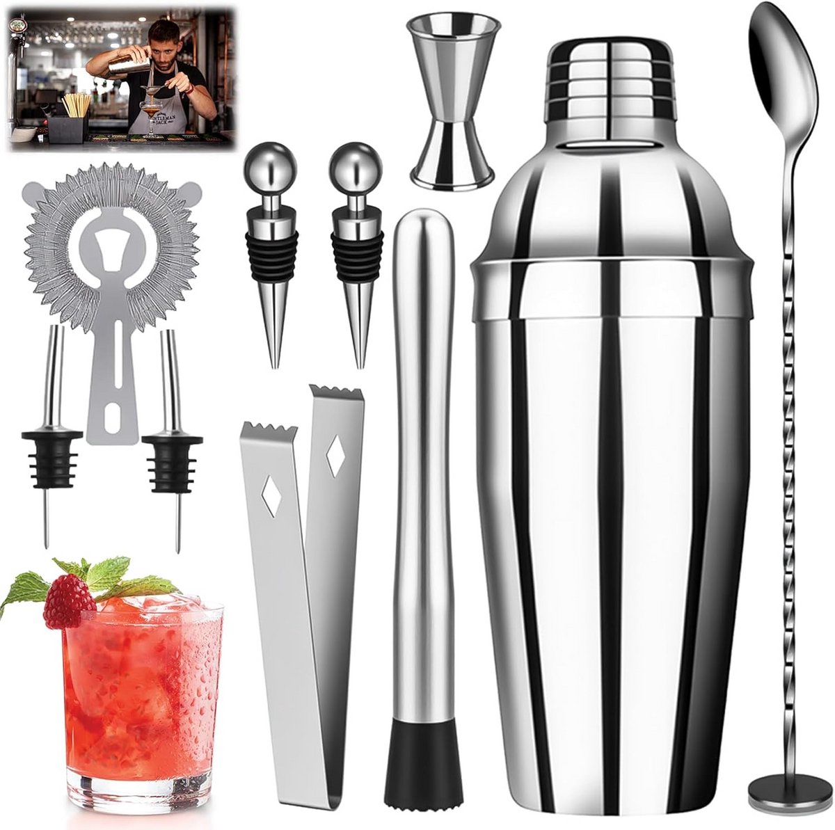 Professionele Cocktail Shaker Set RVS met 10 Delige Bar Accessoires